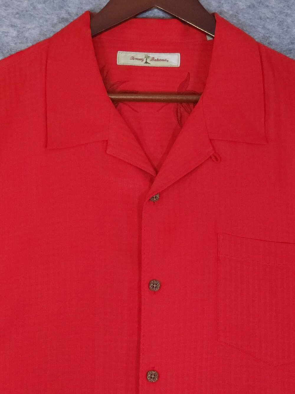 Tommy Bahama Mens XL Red Silk Short Sleeve Camp Shirt Tonal Check Embroidered